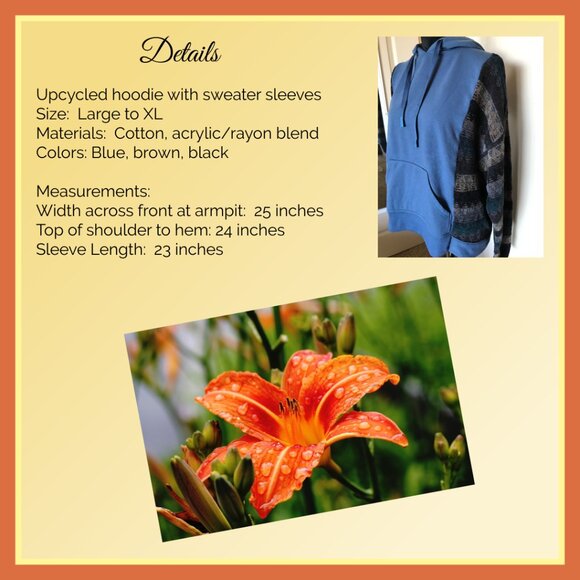 Upcycled Hoodie With Sweater Sleeves, Plus Size: Blue Sweatshirt Jacket - Picture 3 of 10